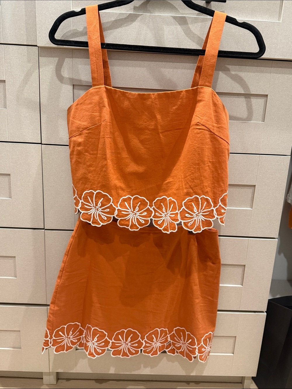 Commense Orange Mini Skirt Set with White Floral Trim